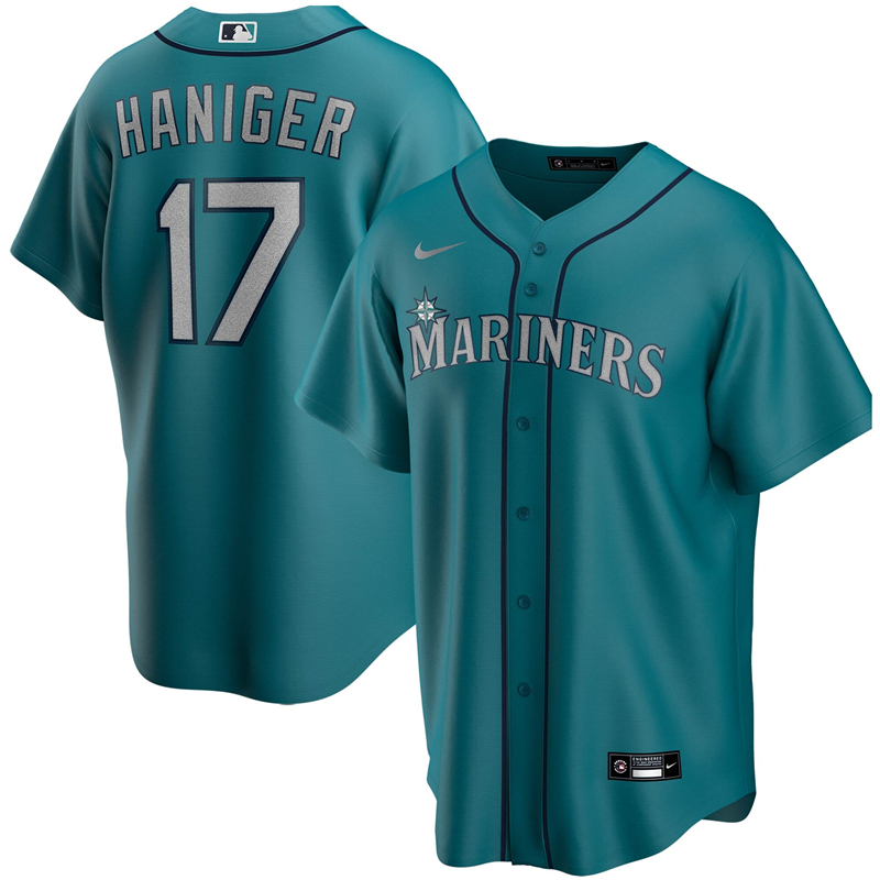 2020 MLB Men Seattle Mariners 17 Mitch Haniger Nike Aqua Alternate 2020 Replica Player Jersey 1
